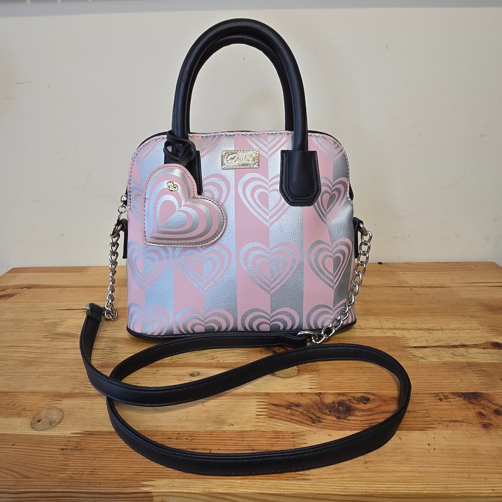 Betsey Johnson Heart Print Satchel Crossbody Bag Pink Gray Charm Y2K